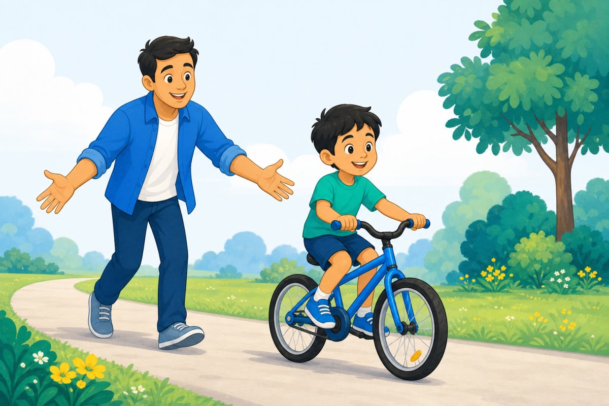 Child riding a bicycle independently while a parent follows protectively