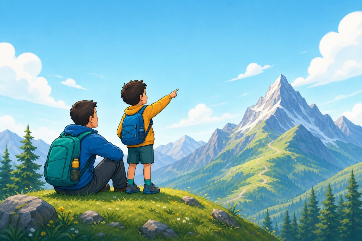 Parent and child hiking together, looking toward a higher mountain peak