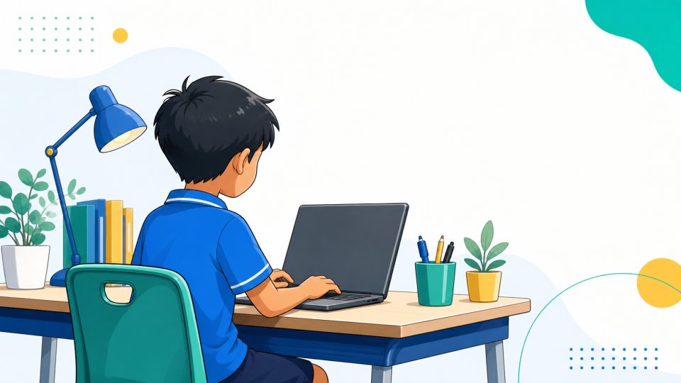 Primary-school student typing on a laptop with the screen not visible