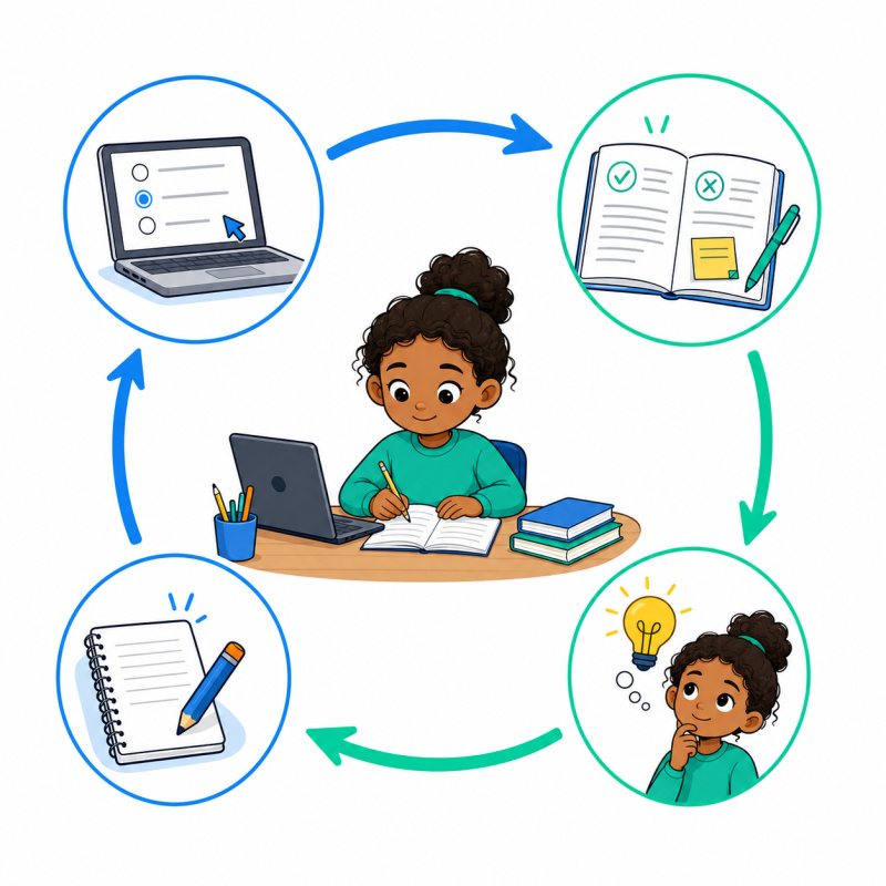 Illustration of a study cycle: practise, review, reflect and return to practice