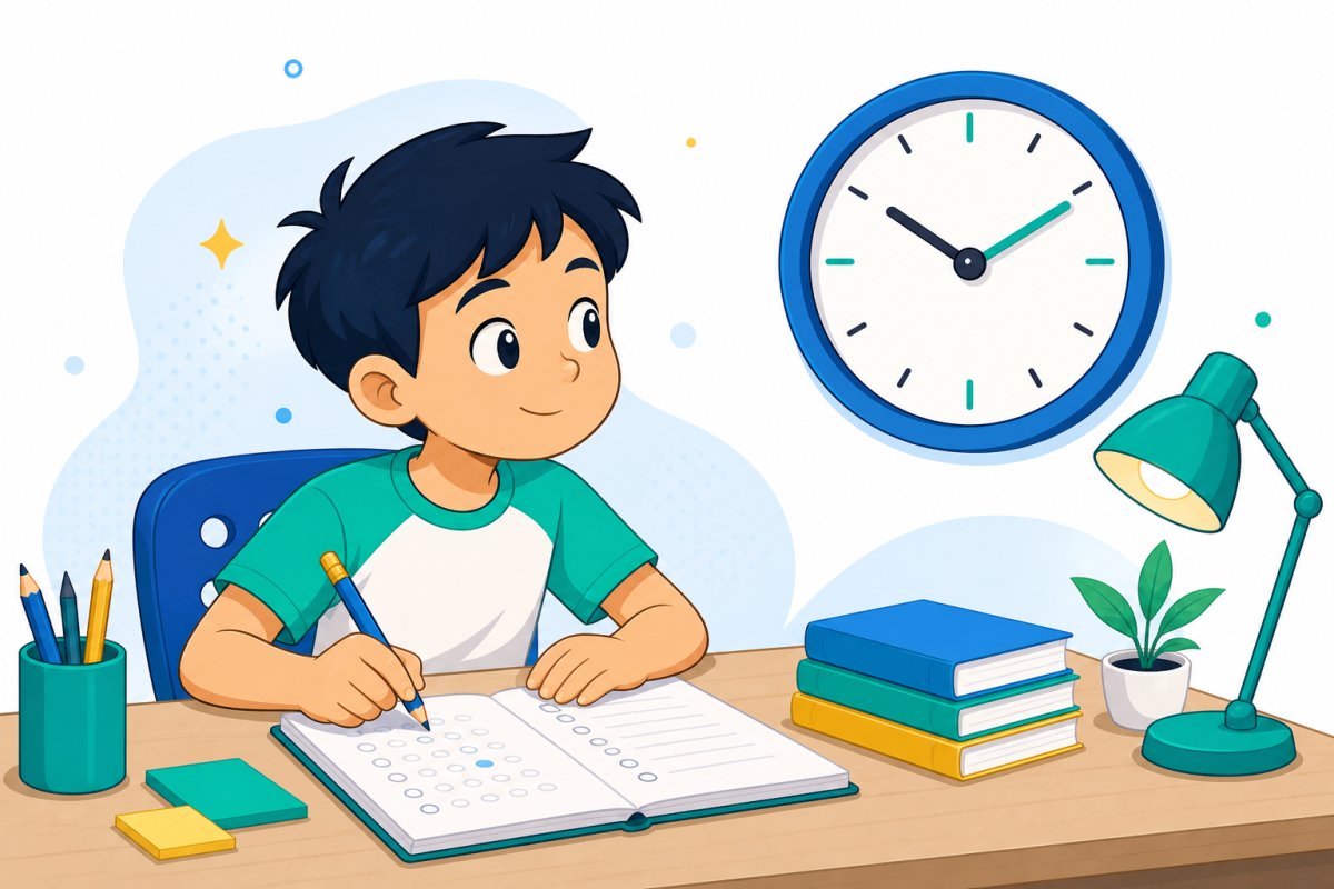 Student calmly completing a timed practice test beside a clock