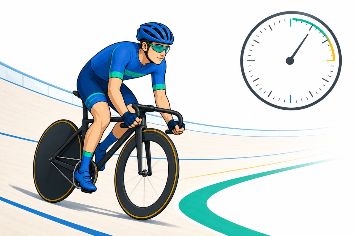Cyclist maintaining a steady pace on a track beside a clock
